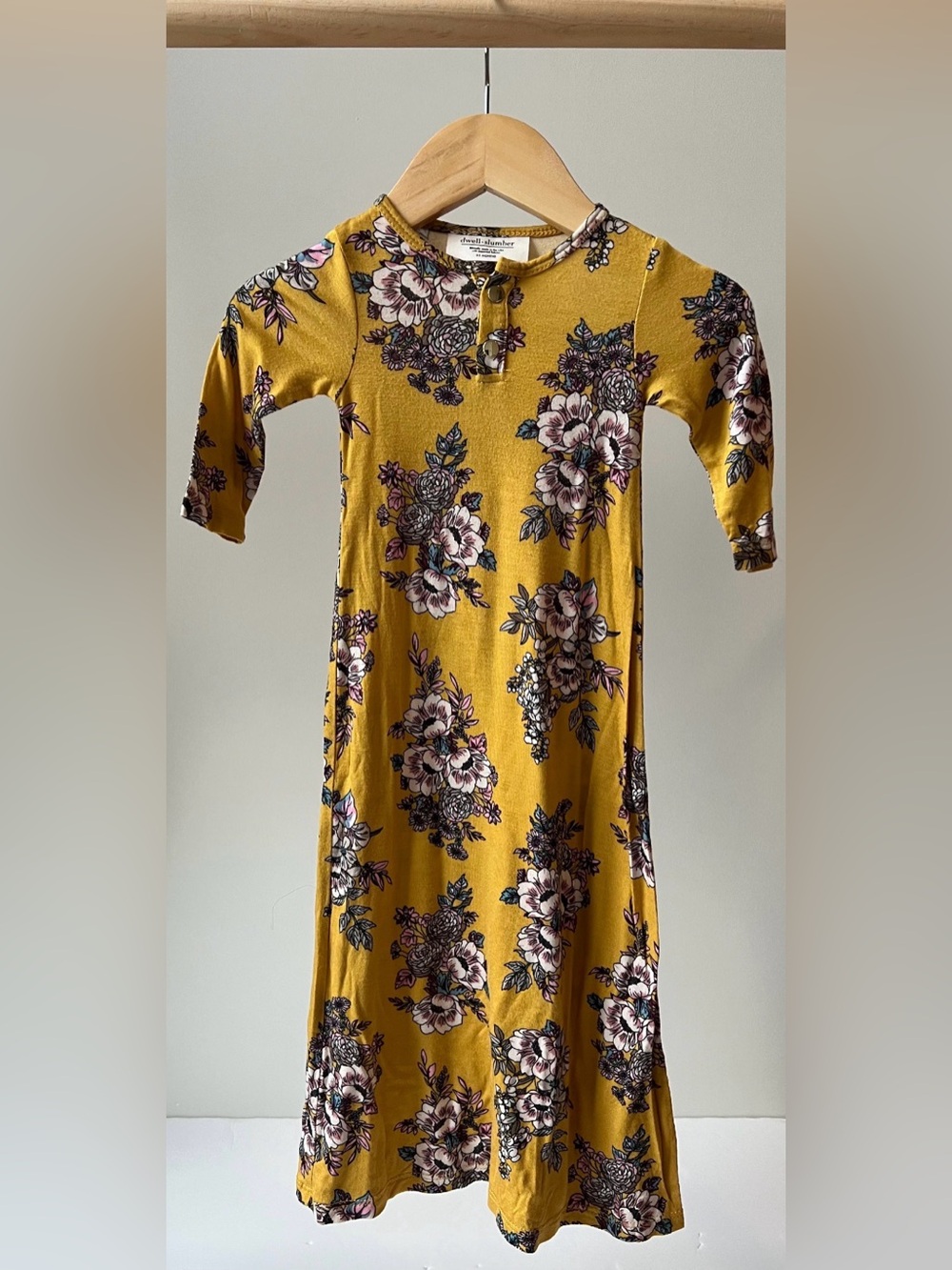 Dwell and Slumber Bamboo Long Sleeve Gown in Mustard Floral Pattern 0-3M